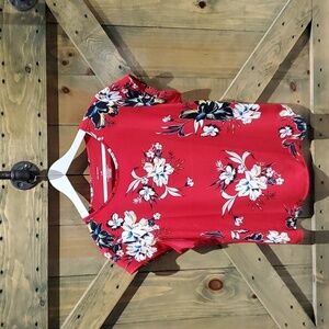 RED FLORAL BLOUSE SIZE LARGE CAREER BUSINESS CASUAL EVERYDAY OFFICE RESORT